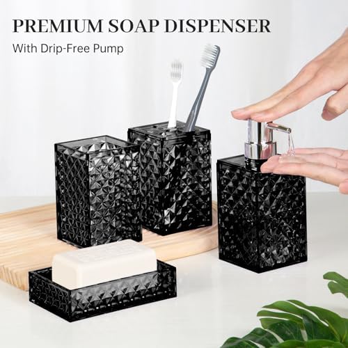 Bathroom Accessory Set, Grid Pattern 4 Pcs Plastic Bathroom Set, Black