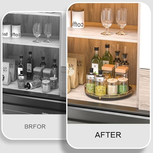 Oroyutor 12-Inch Oak Lazy Susan Spice Organizer with Gold Metal Rail