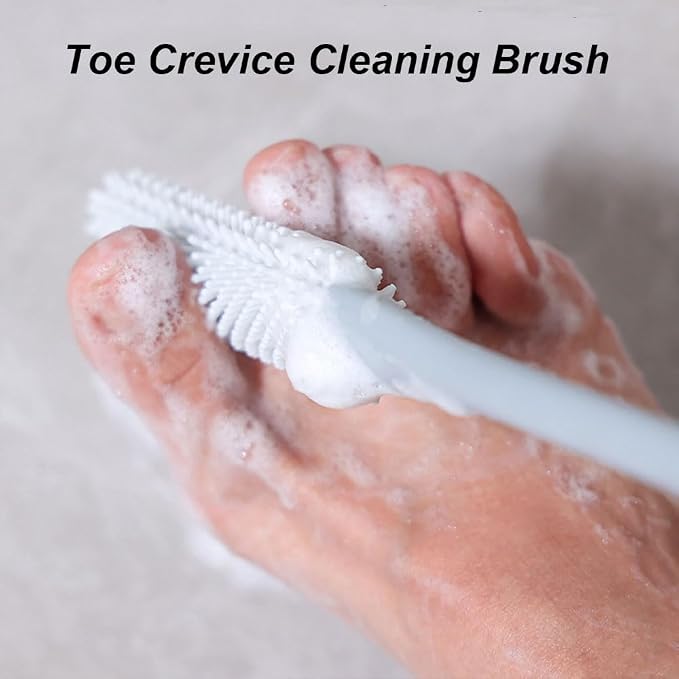 Long Handled Silicone Toe Crevice Cleaning Brush & Exfoliating Brush, 2025 New Soft Rubber Toe Cleaning Tool, Foot Scrubber Shower Feet Care for Seniors, Elderly, Men and Women (Grey)