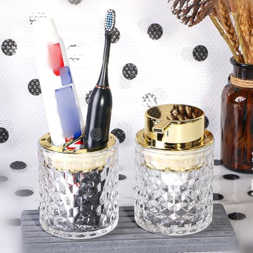 Bathroom Accessories Set 2pcs Glass Foaming Soap Dispenser and Toothbrush Holder for Bathroom Countertop, Clear Glass Bathroom Assessory Set with Gold Decor