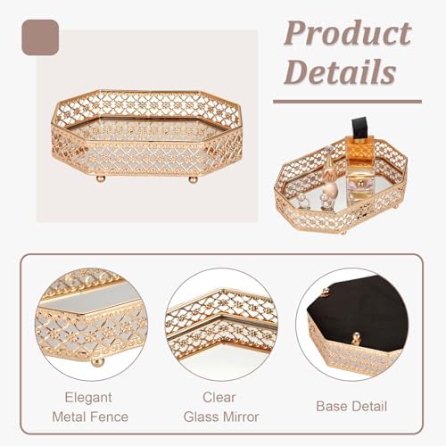 Hipiwe Gold Vanity Perfume Tray for Dresser, Glass & Hollow Carved Metal