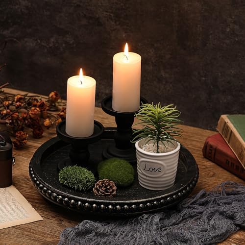 Black Round Wooden Tray for Decor, Rustic Farmhouse Centerpiece