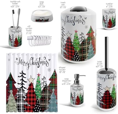 Clara Clark Bathroom Set - Christmas Shower Curtain Set, 19PC Bathroom Accessories Set, Christmas Bathroom Decor, Xmas Bathroom Accessory Set, Soap Dispenser, Toilet Brush, & Trash Can