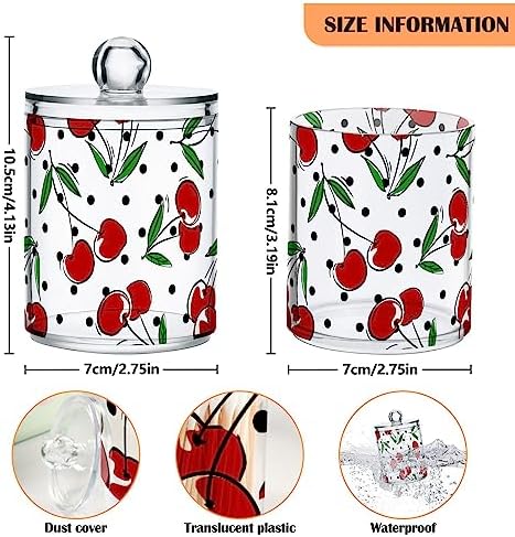 Cherry Fruits Polka Dots Canisters with Lids for Bathroom Vanity, Clear Plastic Jars Set of 2 for Cotton Balls, Cotton Pads, Qtips 4.13 x 2.75 inch