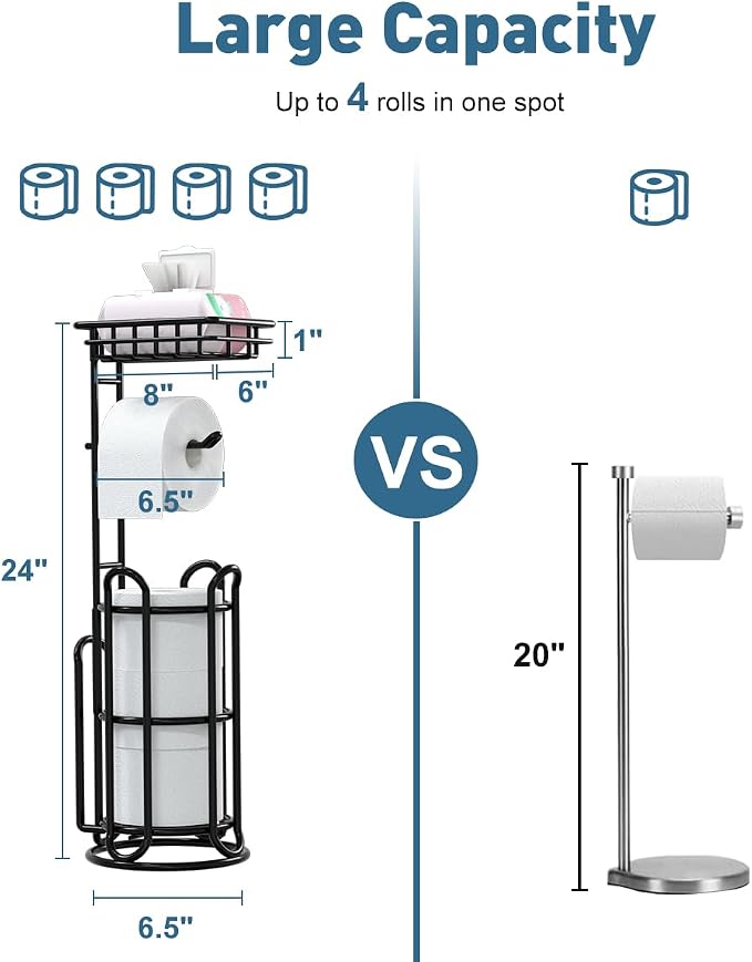 [Upgrade] Toilet Paper Holder Stand with Shelf Tissue Holders for Bathroom Free Standing Bath Tissue Roll Holder Magazine Rack for Mega Rolls/Phone/Wipe-Black