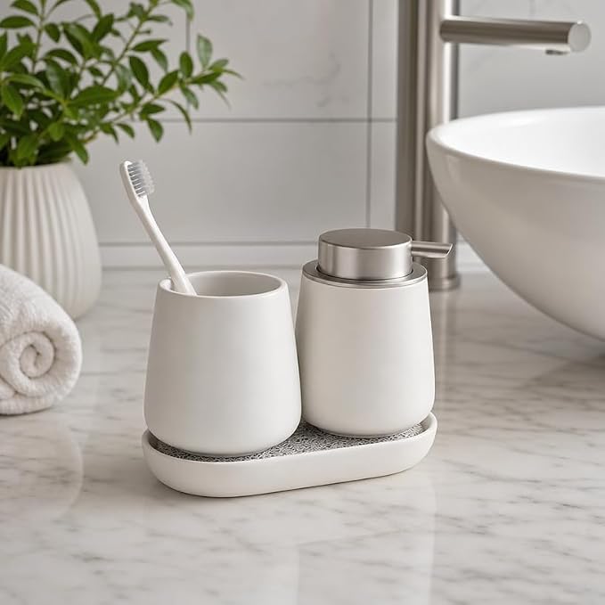Ceramic Bathroom Accessories Set, 3 Pieces with Soap Dispenser, Toothbrush Holder, and Cup, Matte Black, Polished Finish (White)