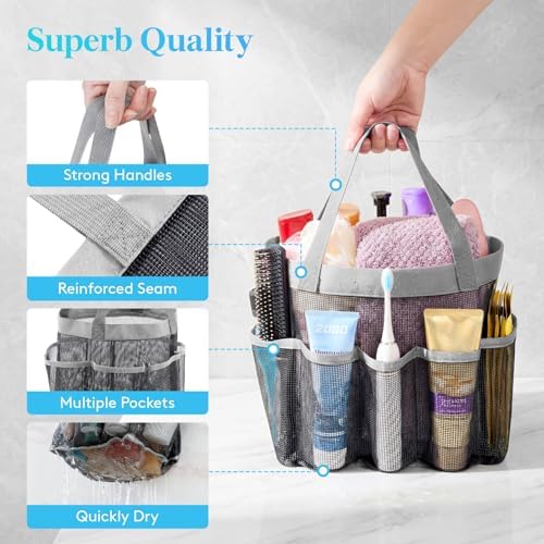 Lifewit Mesh Shower Caddy Portable for College Dorm Room Essentials with 7 Pockets, Freestanding Hanging Organizer Basket, Quick Dry Tote Bag for Camping, Bathroom, Beach, Travel, 1 Pack, Grey