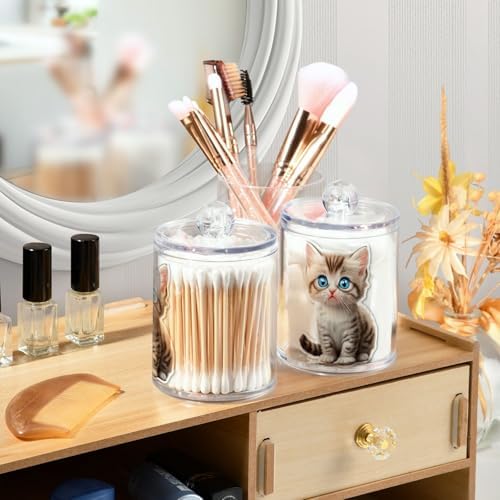 Cat Animal Cute 4 Pack Plastic Qtips Holder Bathroom Organizer Canisters for Cotton Balls/Swabs/Pads/Floss,Plastic Apothecary Jars for Vanity