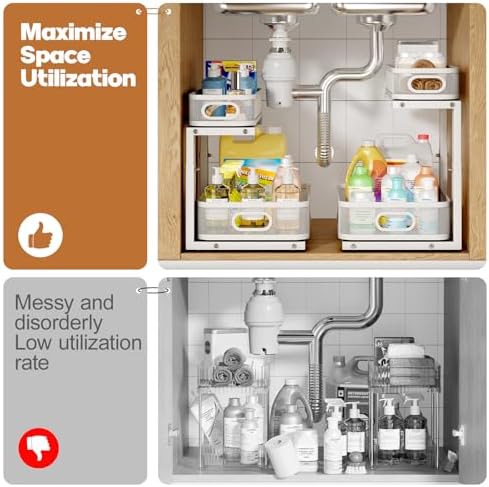 2 Pack Under Sink Organizer With Smooth Cylindrical Rail,2-Tier Pull Out Multi-Purpose Cabinet Storage for Bathroom&Kitchen,Height Adjustable,Rust-resistant Coating-White