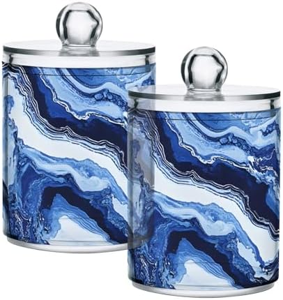 MNSRUU 4 Pack Qtip Holder Organizer Dispenser Blue Marbling Bathroom Containers Bathroom Vanity Storage Canister Apothecary Jars for Cotton Swabs/Pads/Floss