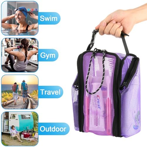 Cosmos Mesh Shower Caddy Toiletry Organizer Hanging Shower Tote Bag, Quick Dry Shower Organizer Portable Bath Bag with Durable Zippers & Side Pockets for Travel Gym Swimming Beach & Camp (Purple)