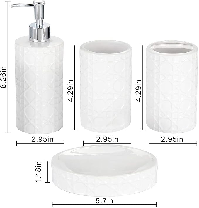 CAA'S Bathroom Accessories Set Ceramic 4 Pieces Bathroom Ensemble for Bath Decor Includes Lotion Dispenser Toothbrush Holder Tumbler Soap Dish (White Netting)