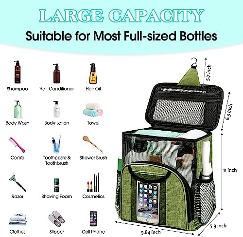 Attmu Portable Shower Caddy College Tote Bag, Quick Dry Hanging Toiletry Bag, Large Capacity Mesh Shower Caddy Portable for College Dorm Room Essentials for Boys and Girls for Bath Camping (Green)