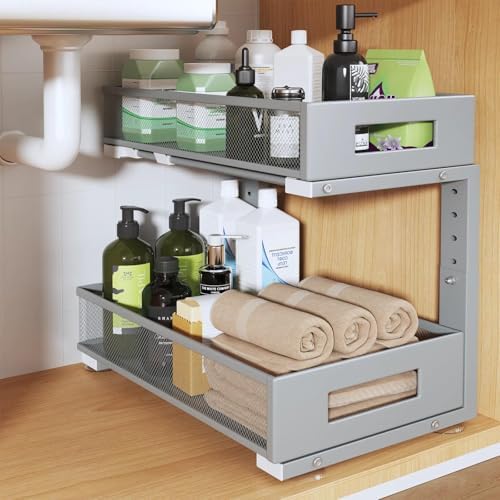 1 Pack 17IN Depth Under Sink Organizer, 2-Tier Pull Out Cabinet Organizer With Smooth Circular Rail, Large Capacity Metal Mesh Sliding Drawers For Bathroom& Kitchen Storage,Height Adjustable-Gun Gray