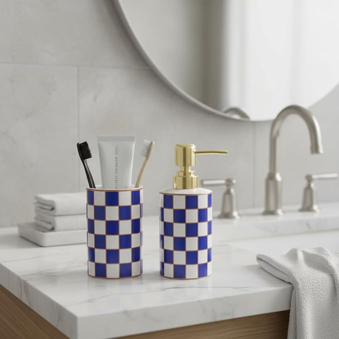 Bathroom Toothbrush Holder Set, Ceramic Checkered Soap Dispenser and Tooth Brush Holder Set, Modern Bathroom Accessories Sets Countertop, Black and White Checkered Bathroom Decor Set (Blue)