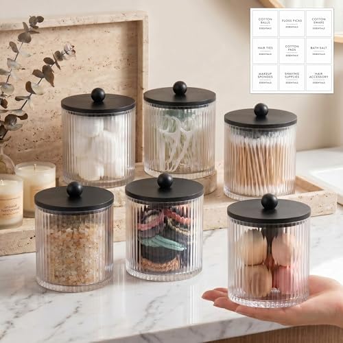 6 Pcs Plastic Holder Dispenser Bathroom Jars with Bamboo Lids, Black