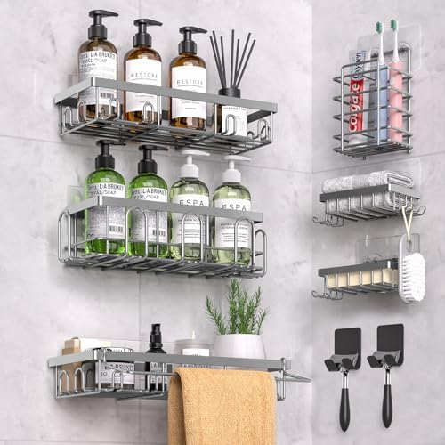 DTUQYX Shower Caddy 9 Pack,Adhesive Organizer for Bathroom Decor Accessories & Kitchen Storage,No Drilling,Large Capacity,Rustproof Stainless Steel Organizer,Home Decor Shelves (Grey 9 Pack)