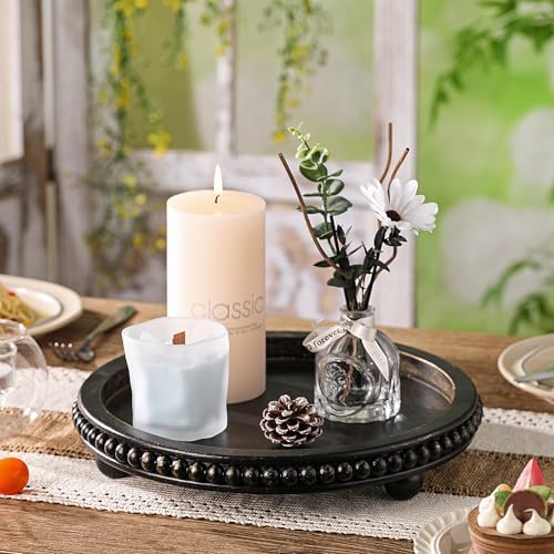 Black Round Wooden Tray for Decor, Rustic Farmhouse Centerpiece