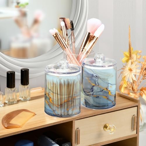 MNSRUU 4 Pack Qtip Holder Organizer Dispenser Teal Blue Marble Bathroom Containers Bathroom Vanity Storage Canister Apothecary Jars for Cotton Swabs/Pads/Floss