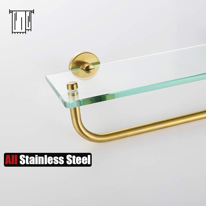 JQK Bathroom Glass Shelf, Shelf with 29 Inch Towel Bar Tempered Glass Shower Storage 30 by 5 inches, 304 Stainless Steel Brushed Gold Wall Mount, TGS100L30-BG