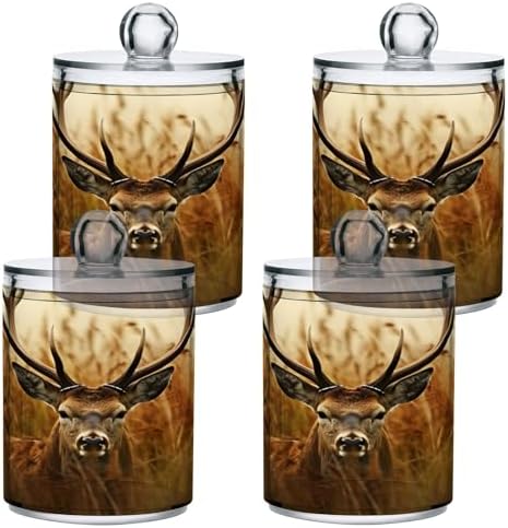 4 Pack Apothecary Jars Bathroom Antler Deer Qtip Holder Dispenser Clear Plastic Storage Canister Jar with Lid for Cotton Ball, Cotton Swab