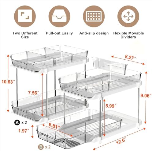 Delamu 2-Tier Multi-Purpose Bathroom Under Sink Organizers and Storage, Stackable Kitchen Pantry Organization, Pull Out Medicine Cabinet Organizer with Movable Dividers, Grey, 4 Pack