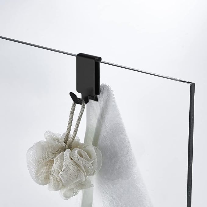 Double Hooks for Glass Shower Door, Towel Hooks Over The Bathroom Glass Wall 0.31-0.39in, Stainless Steel, Matte Black,2 Pack.