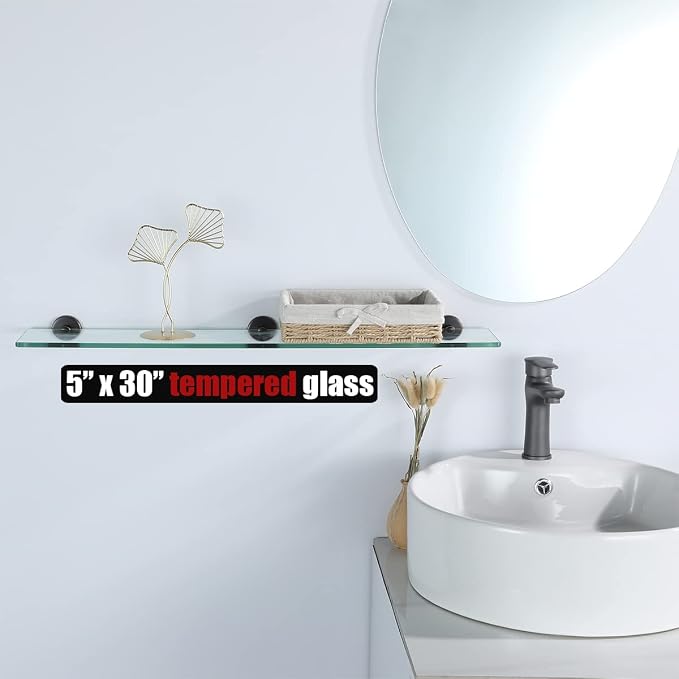 JQK Bathroom Glass Shelf Oil Rubbed Bronze, Tempered Glass Shower Storage 30 by 5 inches, 304 Stainless Steel ORB Wall Mount, TGS101L30-ORB
