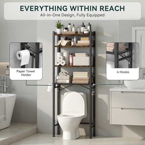 GloTika 4-Tier Over The Toilet Storage, Anti-Tilt, 69.3" H, Black Brown