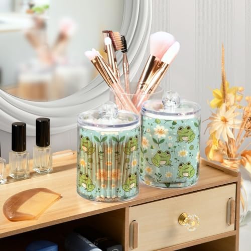 Cute Kawaii Frogs Qtip Holder 2 Pack - 10 Oz Clear Plastic Apothecary Jar Set for Bathroom Organization - Versatile Canister Storage for Cotton Balls, Swabs, Rounds