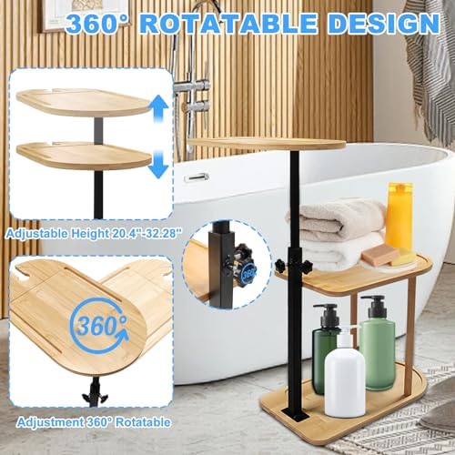 3 Layer Bath Tub Tray Table Liftable Freestanding Bamboo Bath Tray Caddy for Tub Against Wall Shelf Bathroom Organizer Shelf for Luxury Spa (Oval)