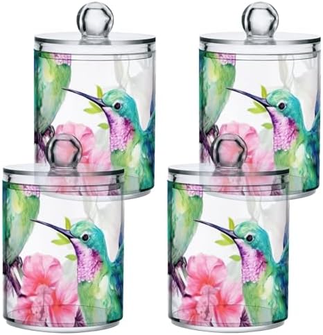 Hummingbirds Qtip Holder 2 Pack - 10 Oz Clear Plastic Apothecary Jar Set for Bathroom Organization - Versatile Canister Storage for Cotton Balls, Swabs, Rounds