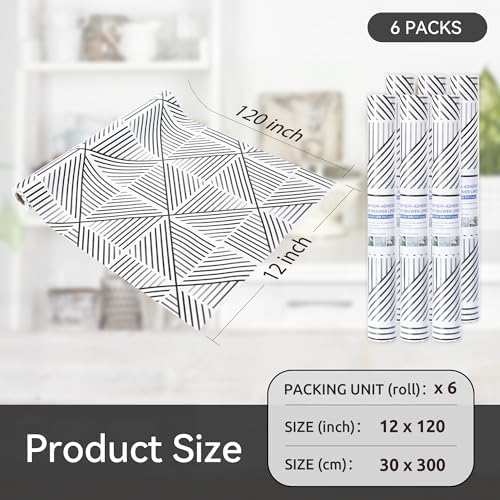 FIFTY FEET 12"x120" Non-Adhesive Shelf Liner for Kitchen Cabinets and Drawers, Washable Non-Slip PVC Cabinet Liner (Black Modern)(6 Roll)