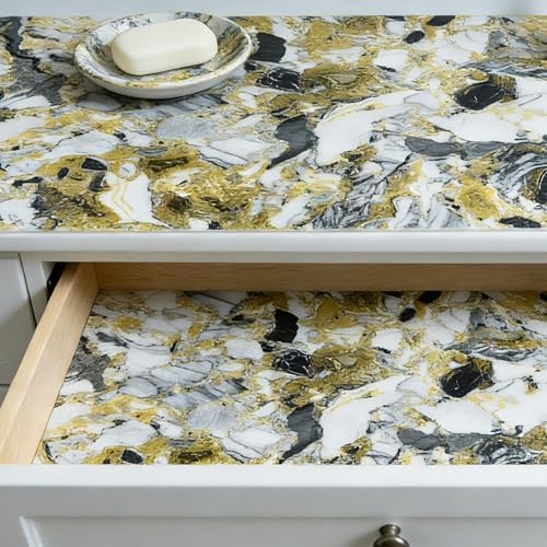Drawer and Shelf Liner - Yellow Black Marble Pattern Non Adhesive