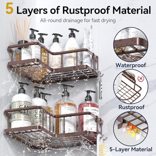 YASONIC Corner Shower Caddy Adhesive, 100% Rustproof Shower Organizer with Soap Holder, No Drill Shower Shelf for Inside Shower, Wall-Mounted Shower Storage for Homes (3 Pack, Bronze)