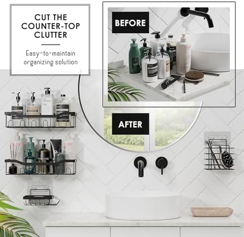 Clara Clark Bathroom Accessories Set - 28PC Bathroom Set with Adhesive Corner Shower Caddy Hanging, Bathroom Sets with Shower Curtain and Rugs, Black Shower Curtain Set with Bathroom Trash Can
