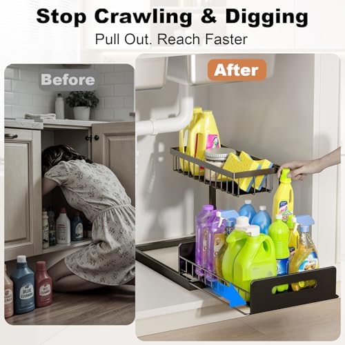 REALINN Under Sink Organizer, L-Shaped 2 Tier Pull Out Cabinet Organizer
