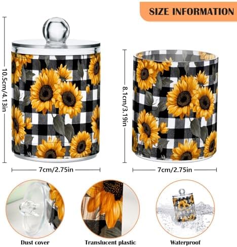ALAZA Bathroom Canister Set of 2 Sunflower Black White Plaid Qtip Holder Dispenser Clear Plastic Apothecary Jars with Lids Bathroom Organizer Storage Containers for Cotton Swab, Ball, Pads, Floss