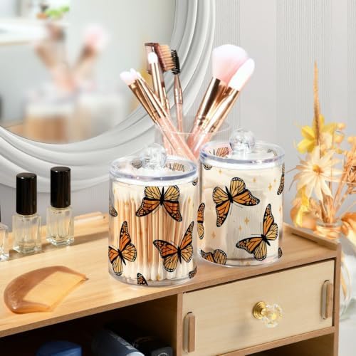 Fustylead 2 Pack Beautiful Monarch Butterflies and Glitter Stars Qtip Holder Dispensers, Plastic Apothecary Jar Bathroom Accessories Set for Cotton Ball, Swab, Round Pads, Floss