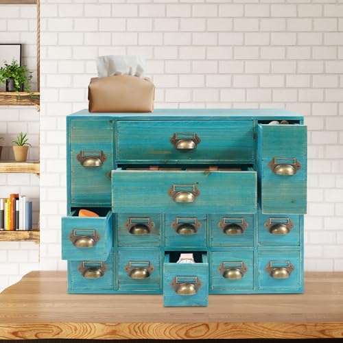 Apothecary Cabinet with 14 Drawers Card Catalog Cabinet, Library Card Catalog Drawer with Metal Handles & Label Slot Wooden Desk Drawer Organizer for Herb Storage, Tea Collection (Blue)