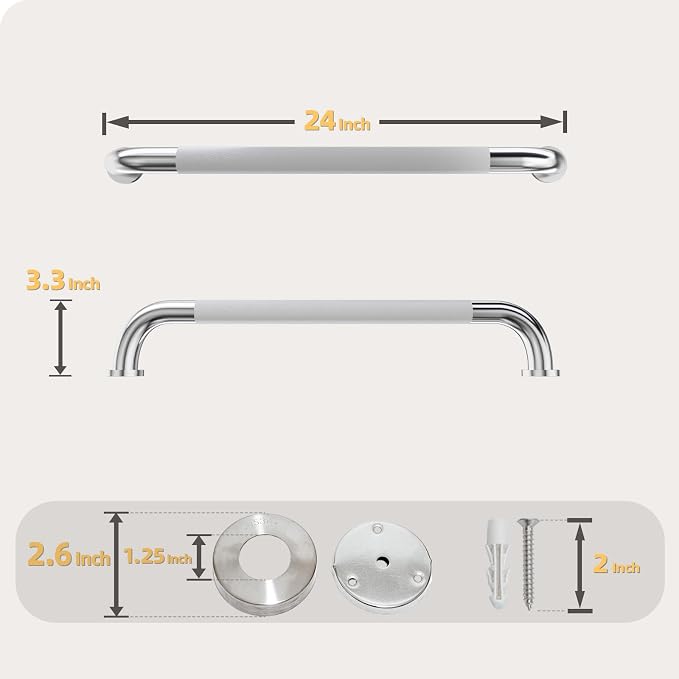 2 Pack 24 Inch Shower Grab Bar, Brushed Nickel Bathroom Grab Bar Handle with Anti-Slip Knurled Grip, Stainless Steel Bath Balance Bar, 1.25" Diameter Bath Safety Bar Support for Seniors Elderly
