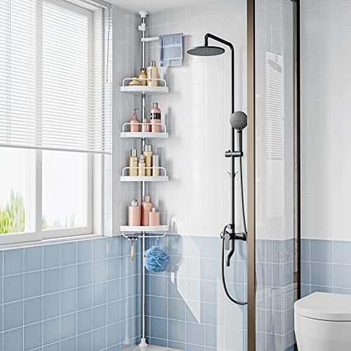 HAMITOR Corner Shower Caddy Tension Pole: Adjustable Stainless Steel Shower Organizer with 4 Tier Shelf for Bathroom Bathtub Tub Shampoo - Floor Standing Rack Bath Storage Holder with Rust Proof Rods