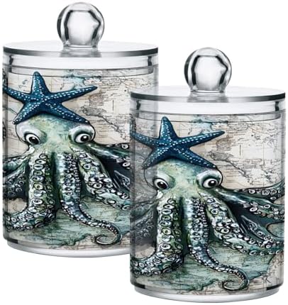 ALAZA Compass Kraken Starfish World Map 4 Pack Qtip Holder Dispenser for Cotton Swabs, Balls, Pads, Floss 10 oz Plastic Canister Organizer
