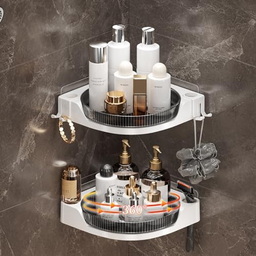 akinbas Corner Shower 2 Tier Caddy Lazy Susan Organizer 360 Rotating Corner Shelf Wall Mounted with No Drilling Shelves for Bathroom Dorm and Kitchen (Black)