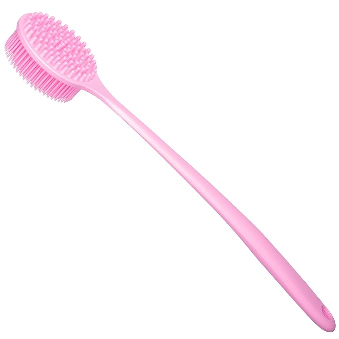 DNC Silicone Back Scrubber for Shower, Soft Bath Body Brush with Long Handle (Pink)