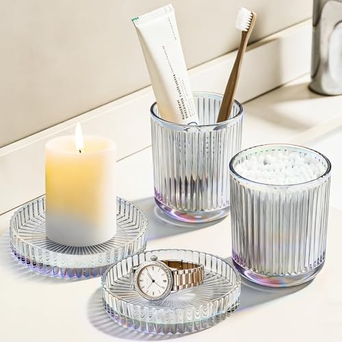 Glass Qtip Dispenser 2 Pack, Clear Bathroom Storage Organizer for Cotton Swabs, Balls, Pads & Floss Picks, Vanity Makeup Essential Accessories (Iridescent)