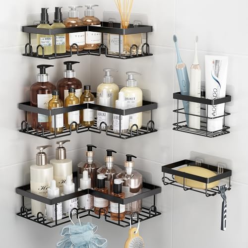 Liuoud Corner Shower Caddy 5 Pack Adhesive Stainless Steel Organizer Black