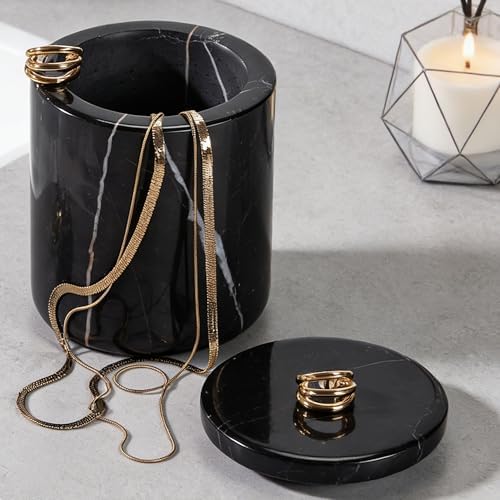 Black Natural Marble Storage Jar with Lid, 3 Inch Dia 3.5 Inch Ht Elegant Stone Canister, Damp-Proof Cosmetic Container for Cotton Swabs, Jewery, Bathroom Jar