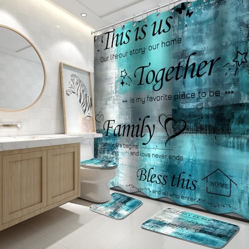 Lnond 4Pcs Shower Curtain Set with Toilet Lid Cover and Non-Slip Rugs for Bathroom,Turquoise Abstract Motivational Bathroom Sets with Shower Curtain and Rugs