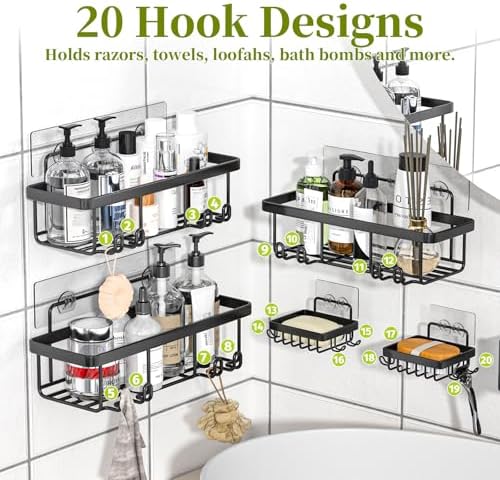 Adhesive Shower Caddy, 5 Pack Rustproof Stainless Steel Bathroom Organizers and Storage, Large Capacity Bathroom Organizer, No Drilling Shower Shelves, Black